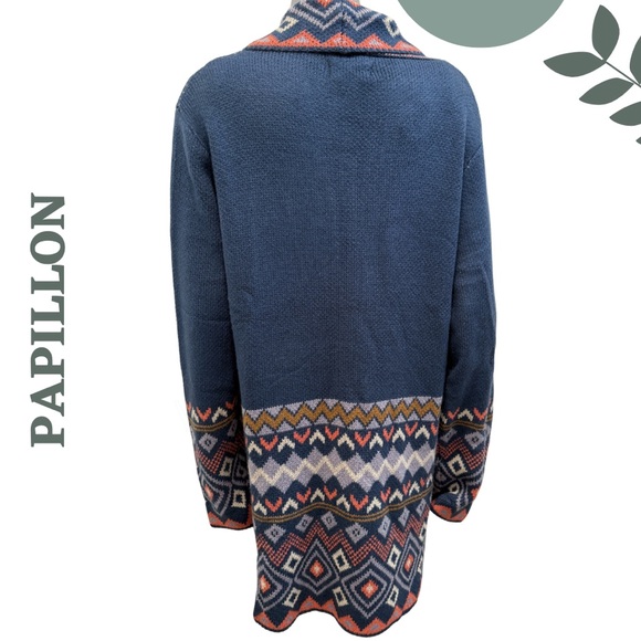 Papillon Blue Aztec Knit Cardigan Long Open Sweater Extra Large XL - Picture 5 of 7